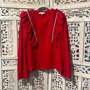 Moelleux Red Ruffle Bell Sleeve Top Long Sleeve - Size Small Cotton Shirt